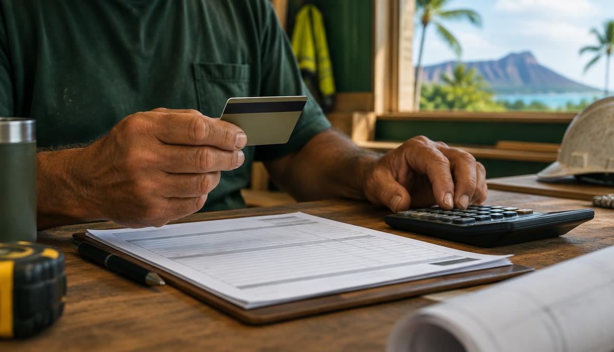 Contractor reviewing expenses at a workshop desk