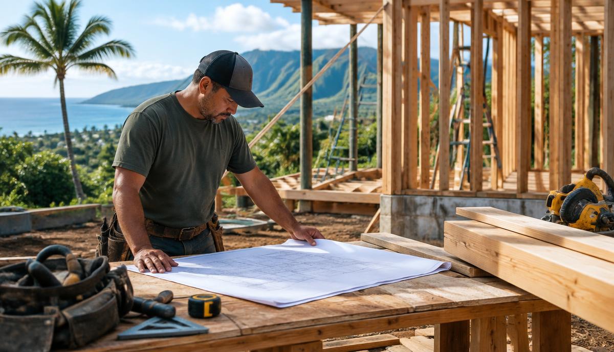 Contractor reviewing plans at a Hawaii job site