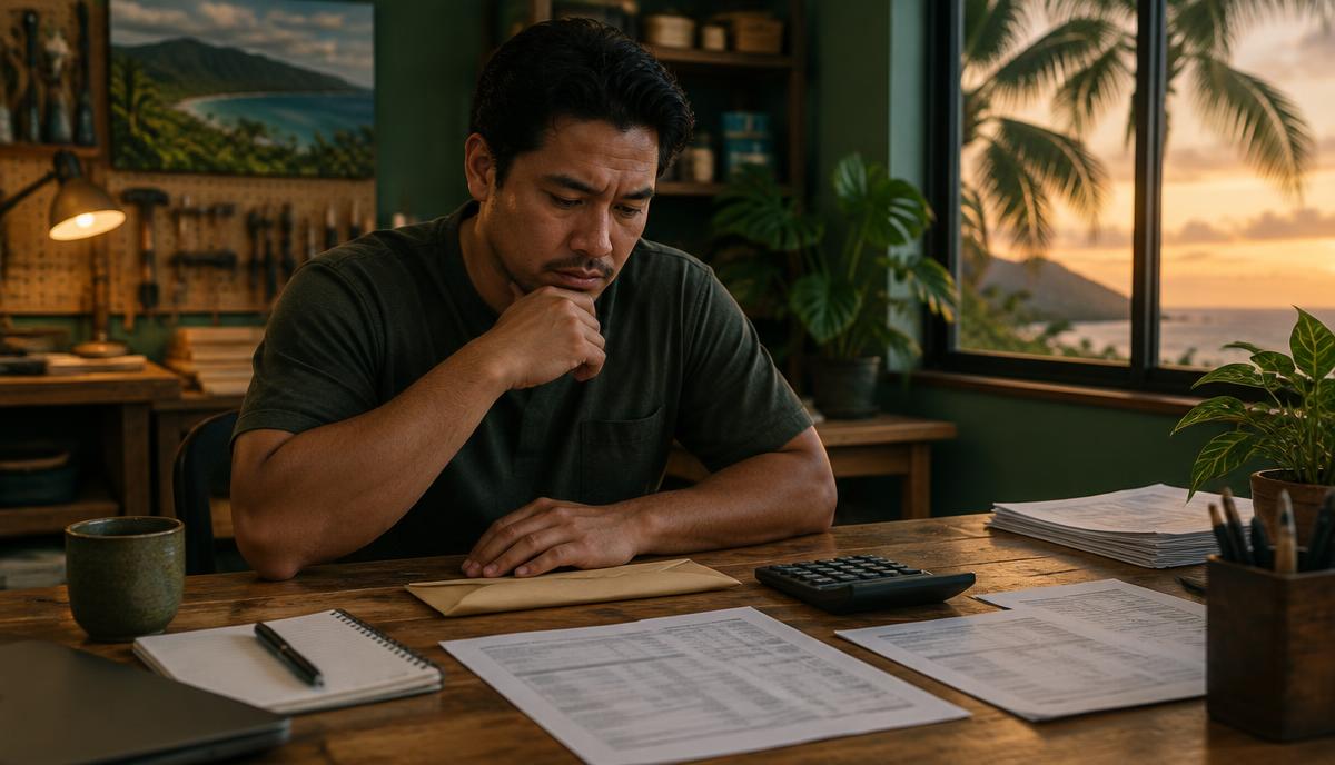 Business owner reviewing payroll at his desk